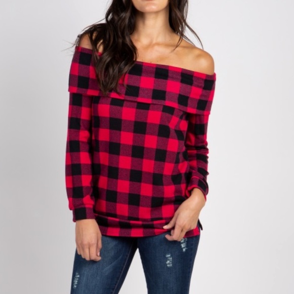 Red and Black Plaid Off the Shoulder Blouse